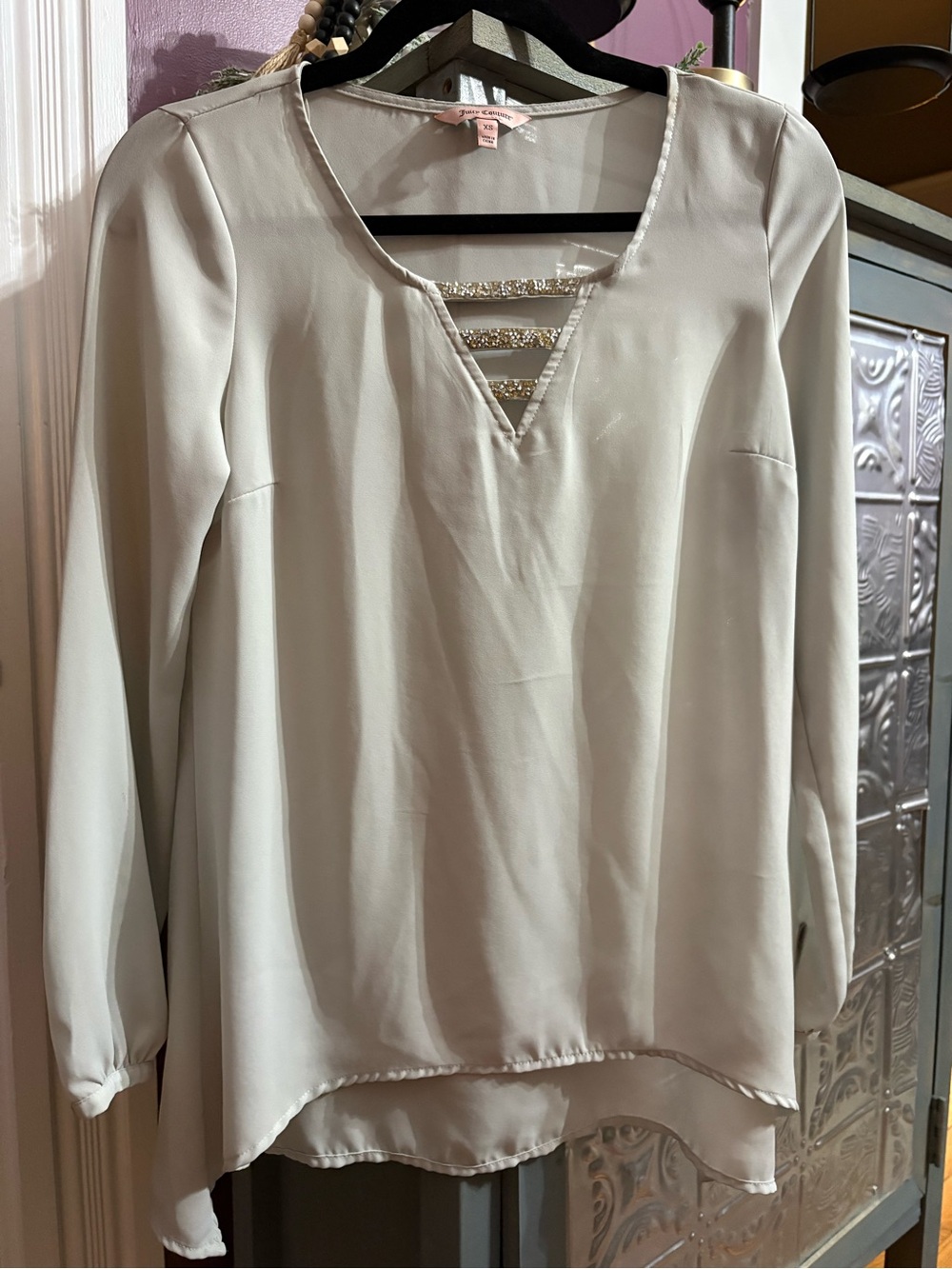 Juicy Couture Cream V-Neck Blouse with Metallic Ladder Straps